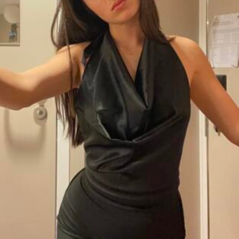 Black Satin Tie Back Backless Halter Top - Picture 9 of 10